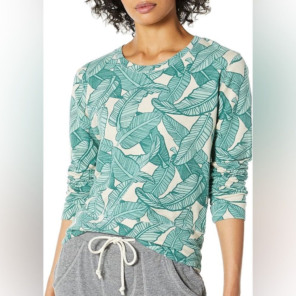 Monrow Tropical Palm Leaf Pullover M Coastal Resort Lightweight Top Green
